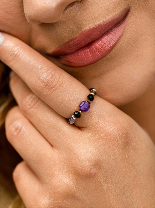 Pierścionek kryształki, ametyst, stal pozłacana S410451Z00-0