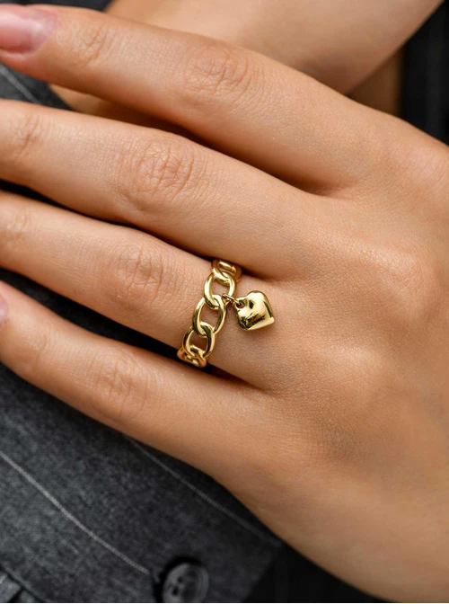 Pierścionek łańcuch, serce, stal pozłacana S410711Z00