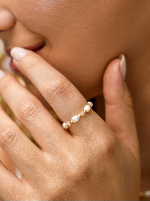 Pierścionek perły, kamień słońca, stal pozłacana S410445Z00-0