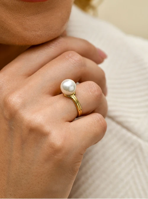 Pierścionek regulowany, perełka, stal pozłacana S410740Z00-0