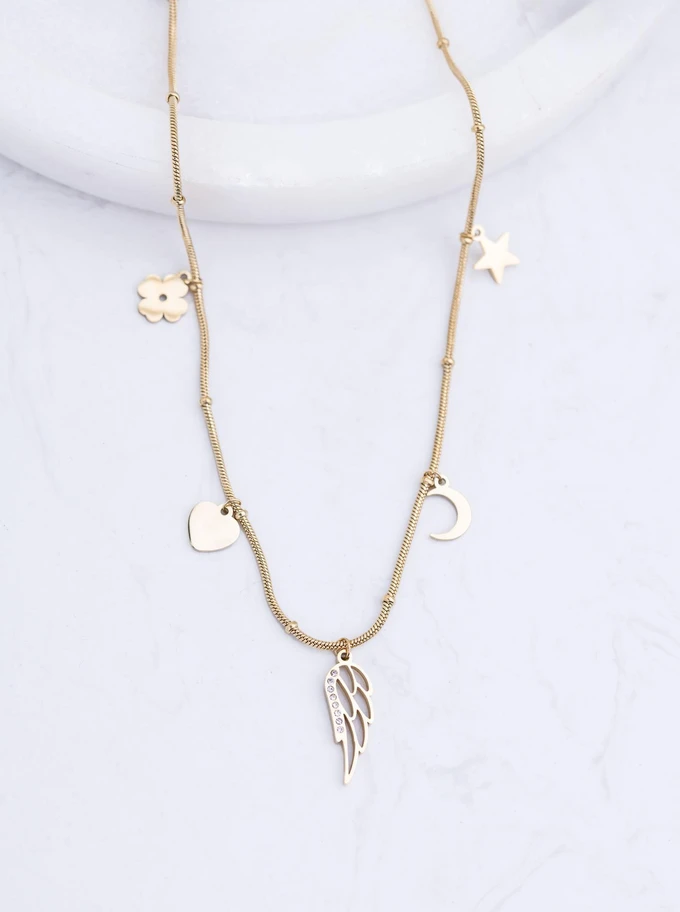 Naszyjnik skrzydełko kryształki, stal pozłacana S311812Z00