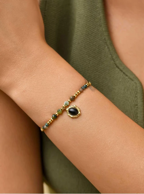 Bransoletka Agat Indyjski, Obsydian, stal pozłacana S111426Z00