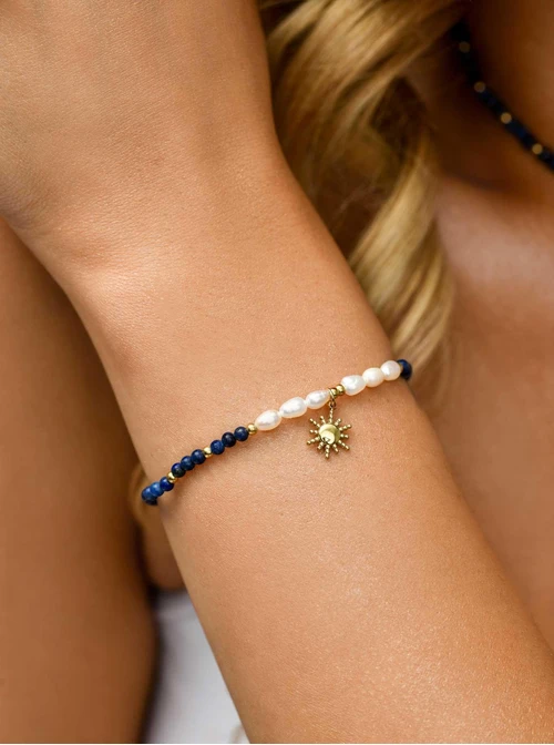 Bransoletka, Lapis Lazuli, słoneczko, perły, stal pozłacana, S111113Z00