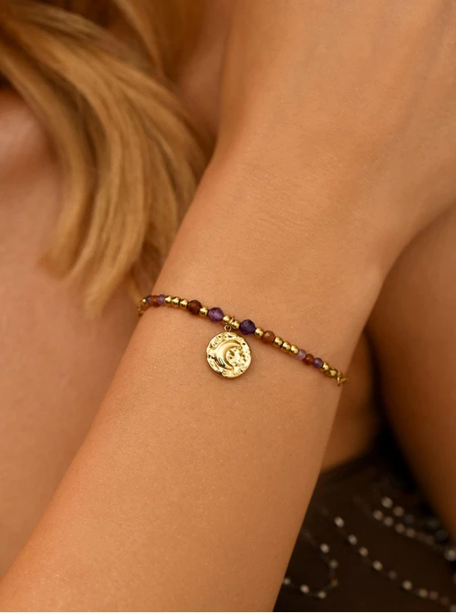 Bransoletka amulet, Ametyst, stal pozłacana, S111416Z00