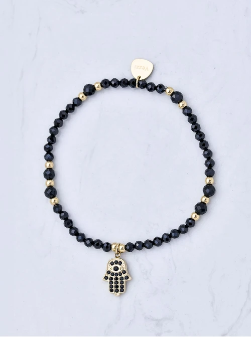 Bransoletka czarny spinel, Ręka Fatimy, kryształki, stal pozłacana, S110610Z00