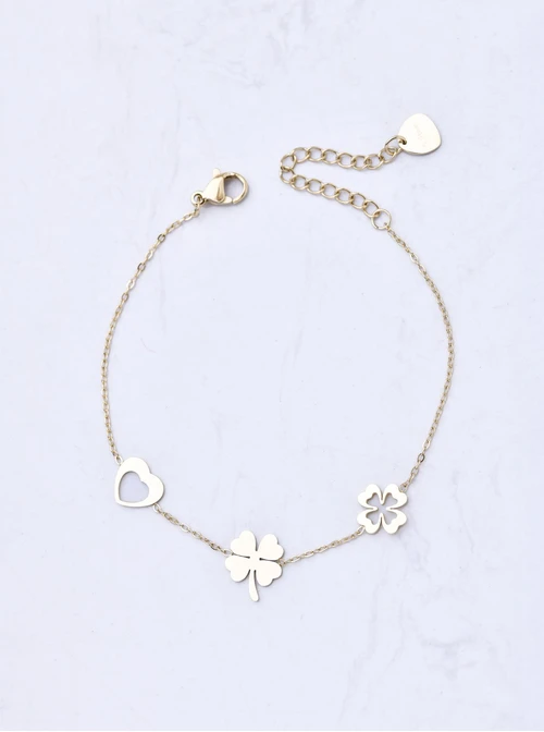 Bransoletka koniczynki, serduszko, stal pozłacana S111837Z00