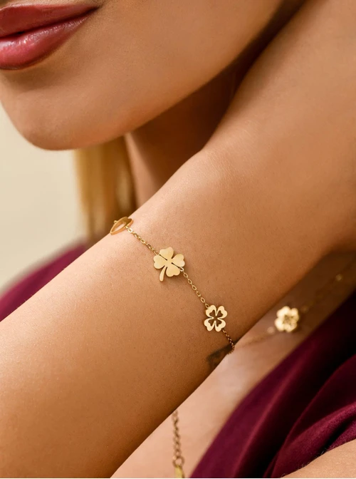 Bransoletka koniczynki, serduszko, stal pozłacana S111837Z00