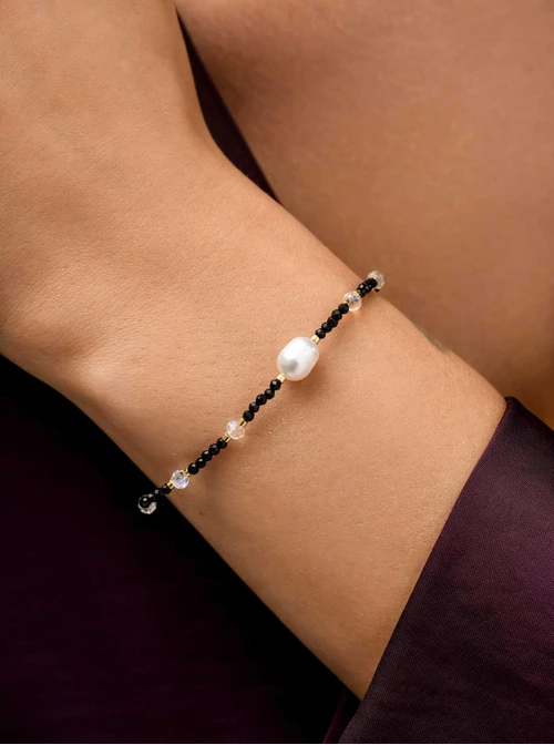 Bransoletka perła, kryształki, stal pozłacana S111792Z01