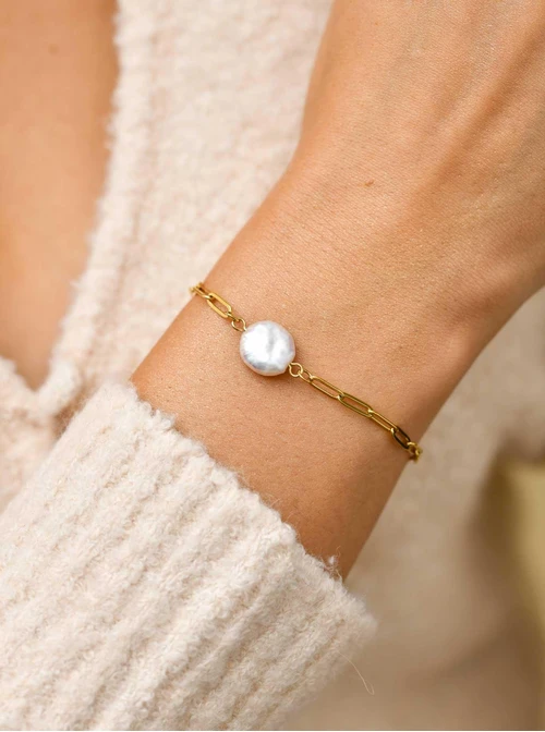 Bransoletka perła, łańcuch, stal pozłacana S111296Z00