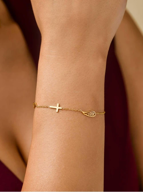 Bransoletka skrzydełka, krzyżyk, stal pozłacana S111831Z00