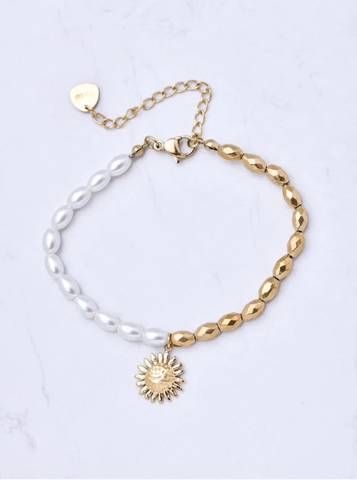 Bransoletka słońce, perełki, stal pozłacana S111295Z00