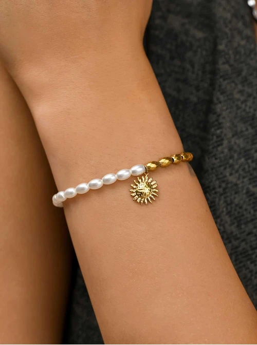Bransoletka słońce, perełki, stal pozłacana S111295Z00