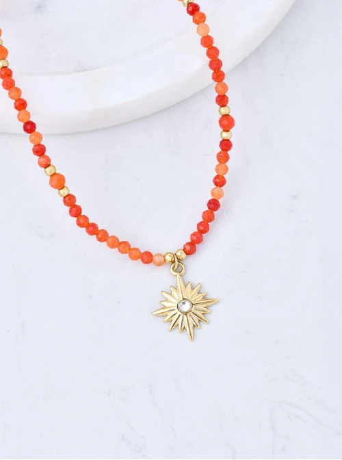 Choker Agat pomarańczowy, gwiazda, stal pozłacana,  S310598Z00