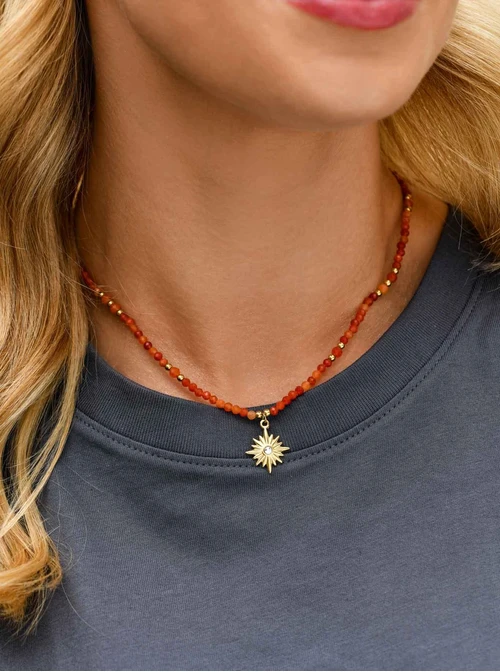 Choker Agat pomarańczowy, gwiazda, stal pozłacana,  S310598Z00