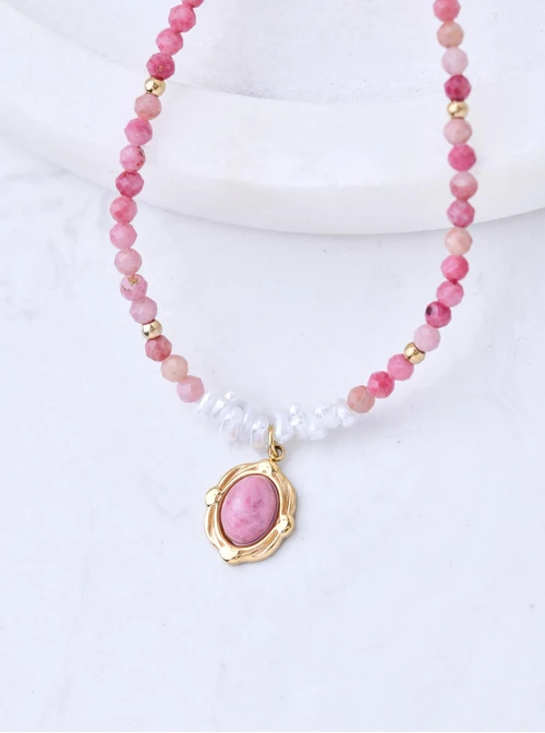 Choker Rodochrozyt różowy, stal pozłacana, S311427Z00