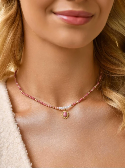 Choker Rodochrozyt różowy, stal pozłacana, S311427Z00