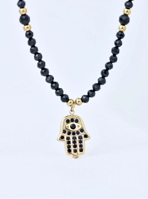 Choker czarny spinel, Ręka Fatimy, kryształki, stal pozłacana, S310599Z00