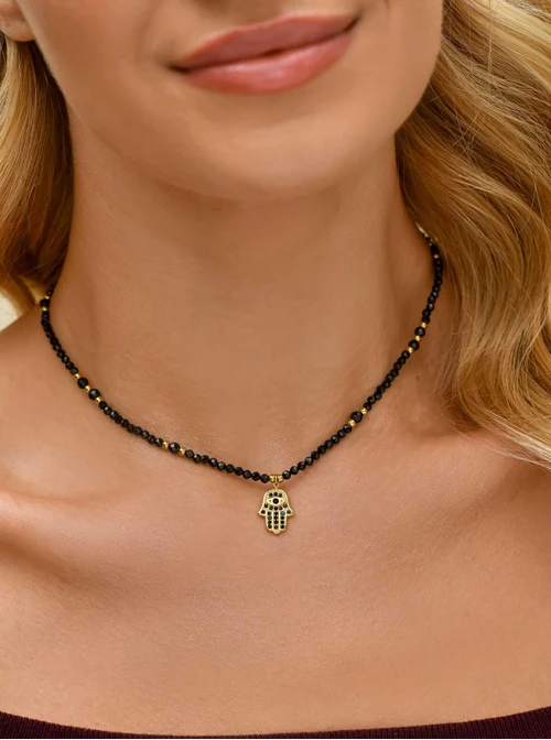 Choker czarny spinel, Ręka Fatimy, kryształki, stal pozłacana, S310599Z00