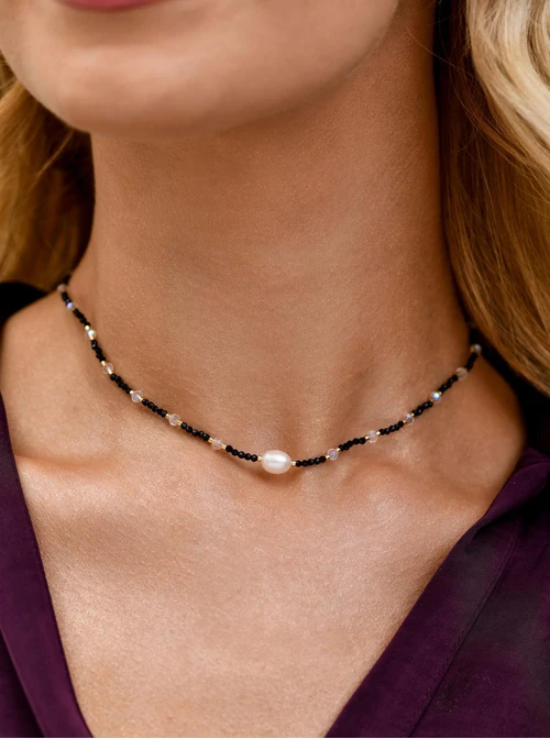 Choker perełka, kryształki, stal pozłacana  S311791Z01