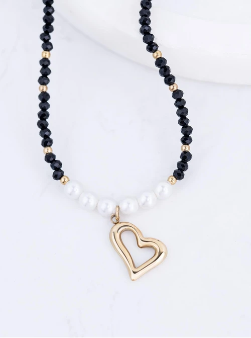 Choker serduszko, perełki, kryształki, stal pozłacana S311799Z01