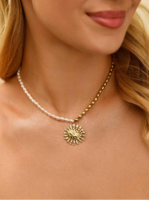 Choker słońce, perełki, stal pozłacana S311294Z00