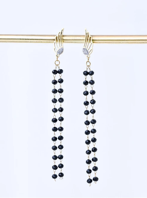 Kolczyki długie, skrzydełka, kryształki, stal pozłacana S211781Z01