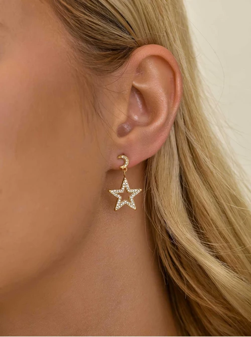 Kolczyki gwiazdka, księżyc, kryształki, stal pozłacana S211373Z00