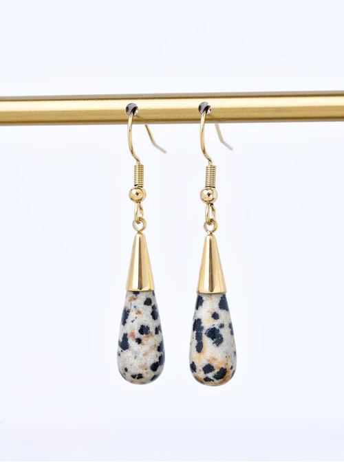 Kolczyki kropla, Jaspis Dalmatyńczyk, stal pozłacana S210673Z00