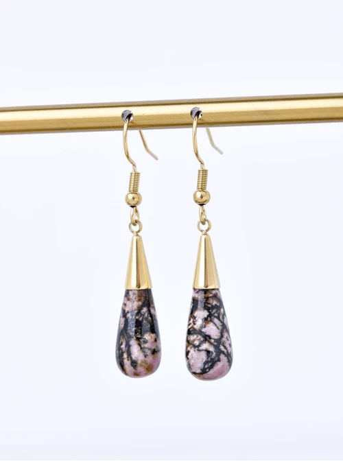 Kolczyki kropla, Jaspis Zebra różowy, stal pozłacana S210675Z00