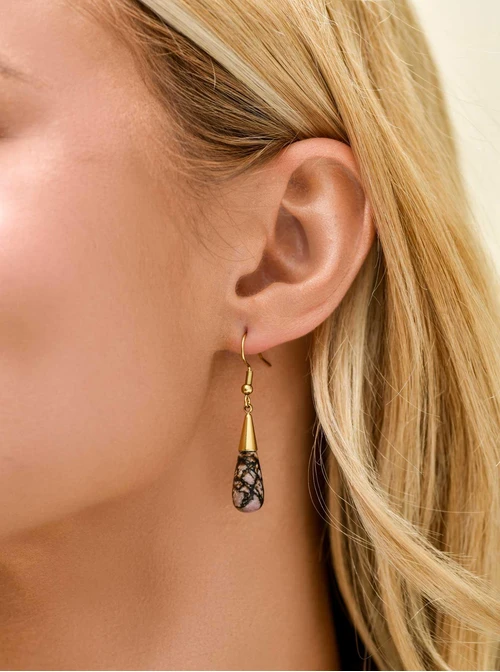 Kolczyki kropla, Jaspis Zebra różowy, stal pozłacana S210675Z00