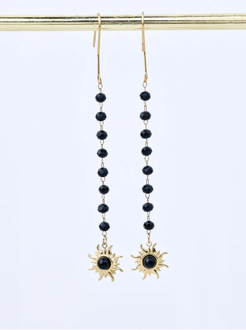 Kolczyki wiszące słoneczka, obsydian, stal pozłacana, S211382Z01