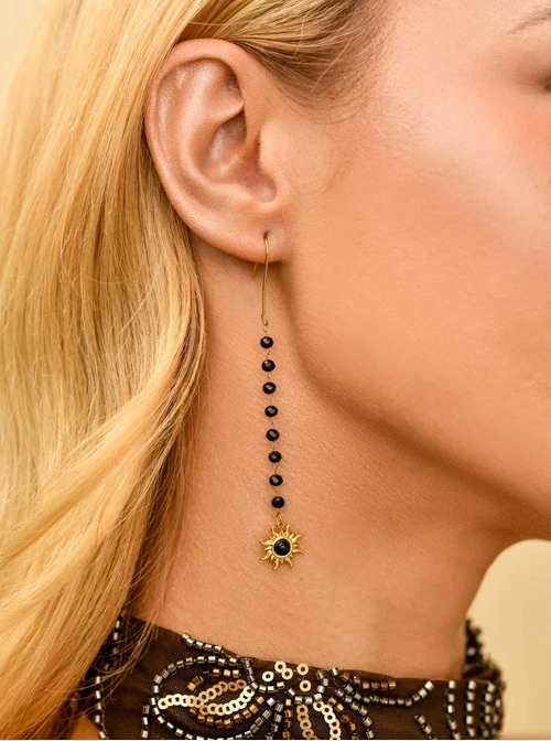 Kolczyki wiszące słoneczka, obsydian, stal pozłacana, S211382Z01