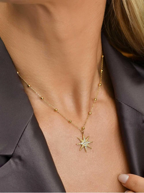 Naszyjnik gwiazdka, kryształki, stal pozłacana, S310642Z00