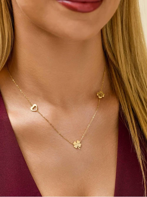 Naszyjnik koniczynki, serduszko, stal pozłacana S311836Z00