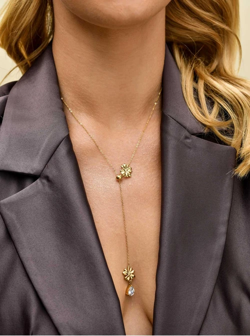 Naszyjnik krawatka, kwiatki, kryształek, stal pozłacana S311483Z00