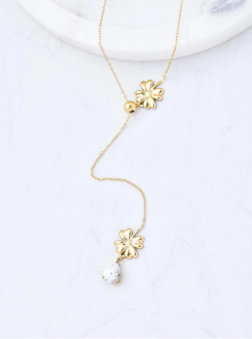 Naszyjnik krawatka, kwiatki, kryształek, stal pozłacana S311483Z00