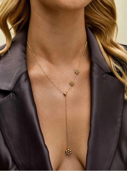 Naszyjnik krawatka, kwiatuszki, stal pozłacana S311485Z00