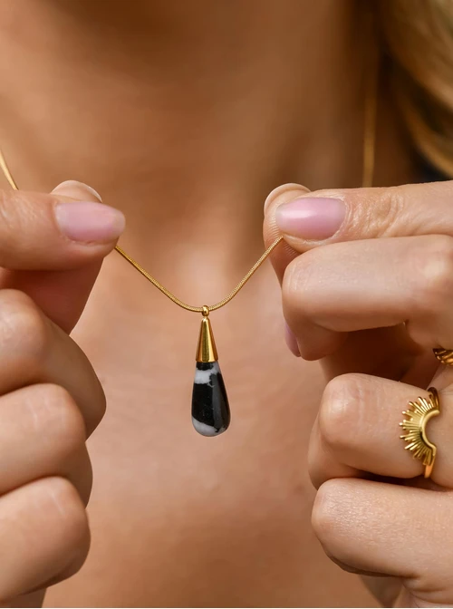 Naszyjnik kropla, Jaspis Zebra, stal pozłacana S310664Z00