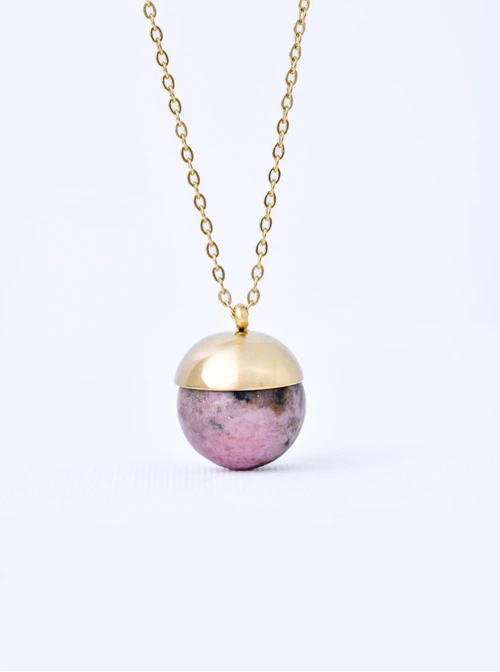 Naszyjnik kulka, Jaspis Zebra, różowy, stal pozłacana S310669Z00