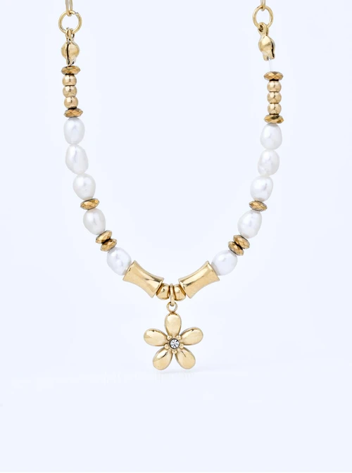 Naszyjnik kwiatuszek, perełki, stal pozłacana S311486Z00