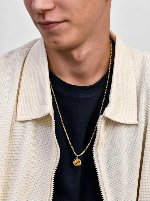 Naszyjnik męski, Tygrysie Oko, stal pozłacana S311540Z00