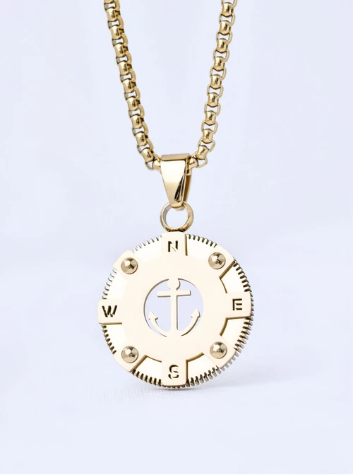 Naszyjnik męski, kompas, kotwica, stal pozłacana S311498Z00