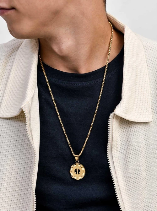 Naszyjnik męski, kompas, kotwica, stal pozłacana S311498Z00