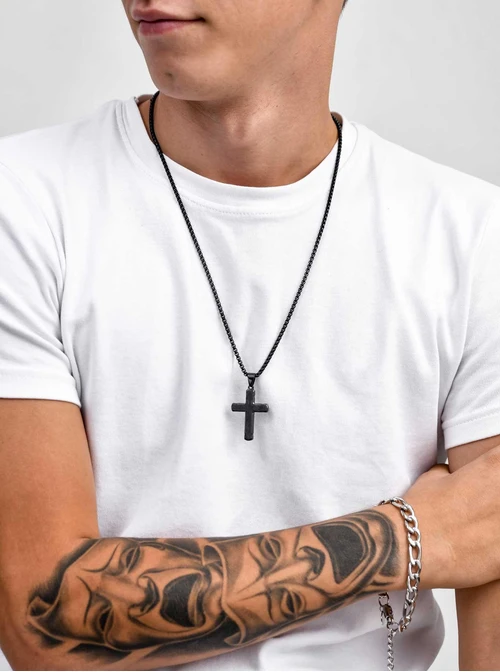 Naszyjnik męski, krzyż, czarny S311527S01