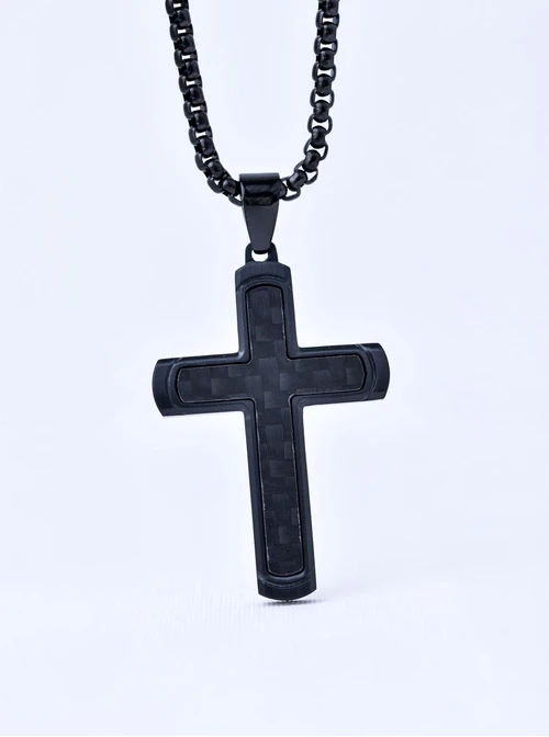 Naszyjnik męski, krzyż, czarny S311529S01