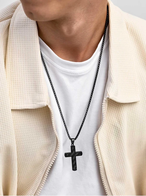 Naszyjnik męski, krzyż, czarny S311529S01