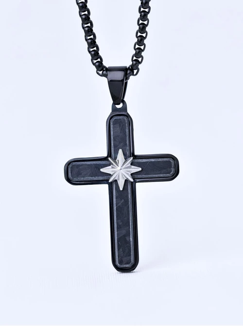 Naszyjnik męski, krzyż, czarny, stal S311531S01