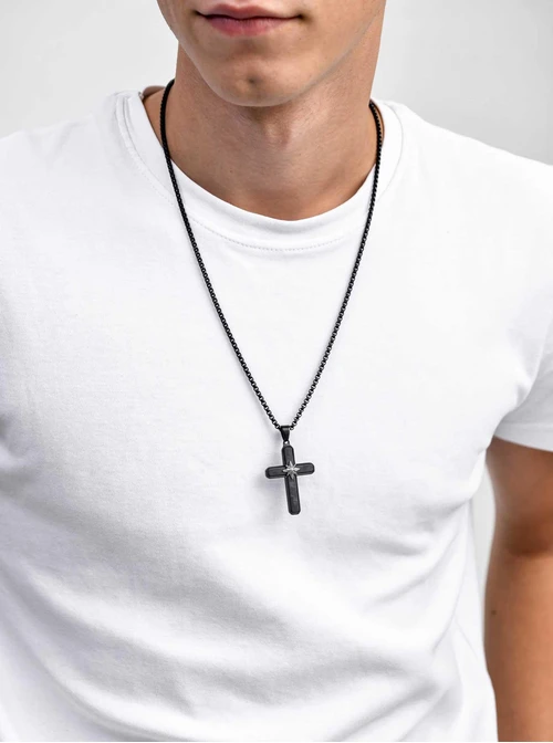Naszyjnik męski, krzyż, czarny, stal S311531S01