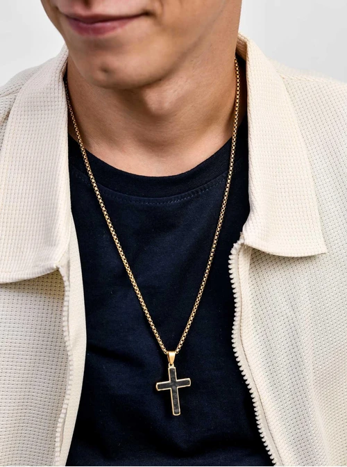 Naszyjnik męski, krzyż, stal pozłacana S311526Z00