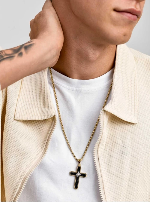 Naszyjnik męski, krzyż, stal pozłacana S311530Z00